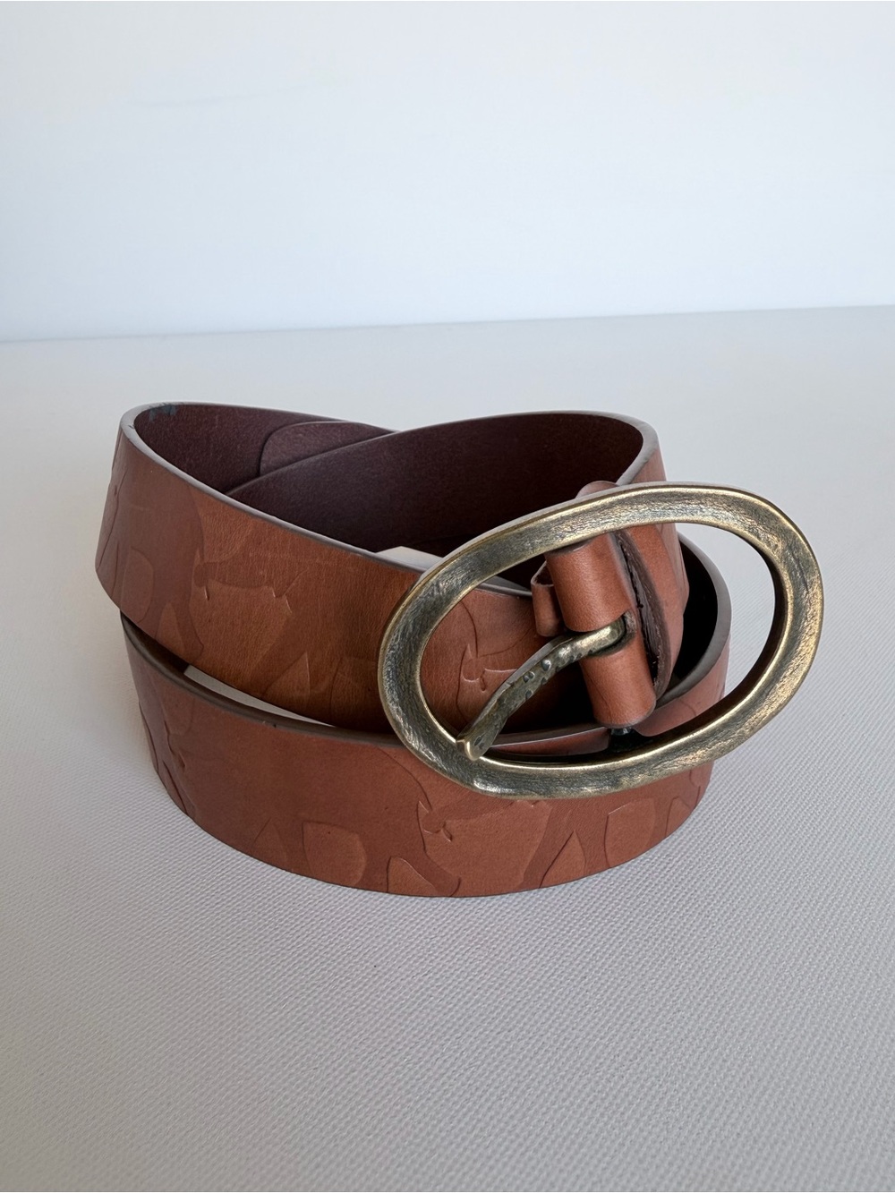 Vintage Coldwater Creek Genuine Leather Embossed Elephant Safari Belt Brown L